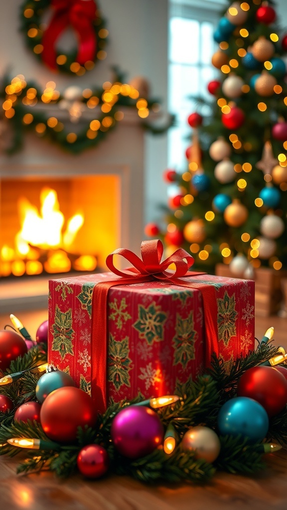 A wrapped Christmas gift with ornaments and a decorated tree in a cozy setting.